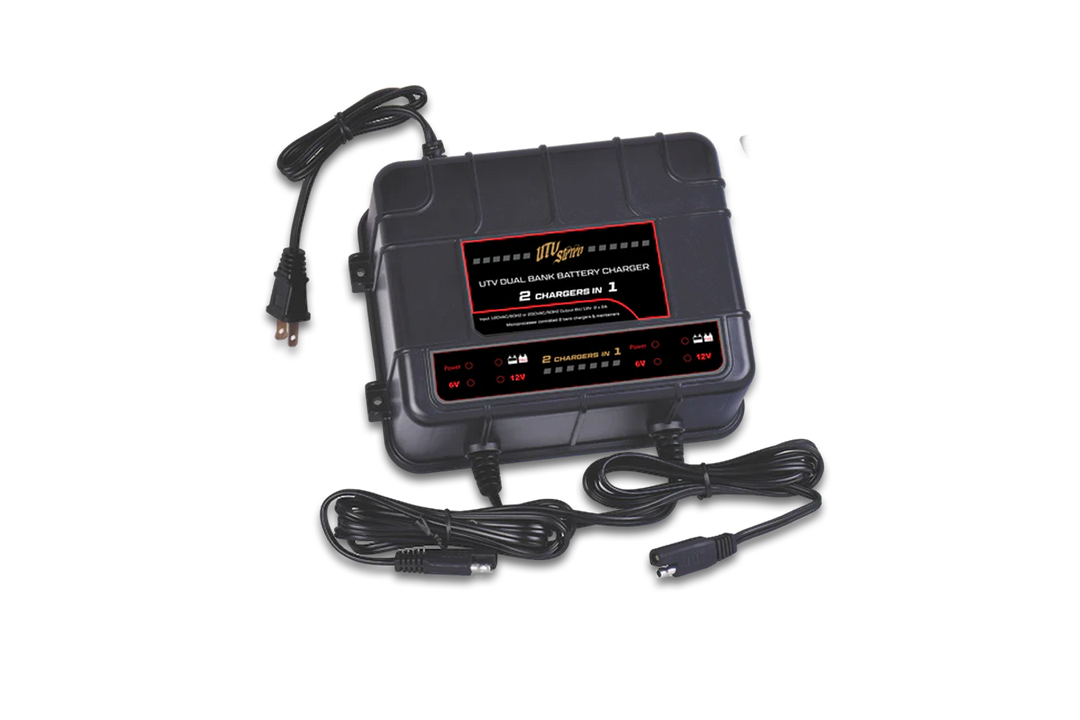 Dual bank battery charger device for powersports applications