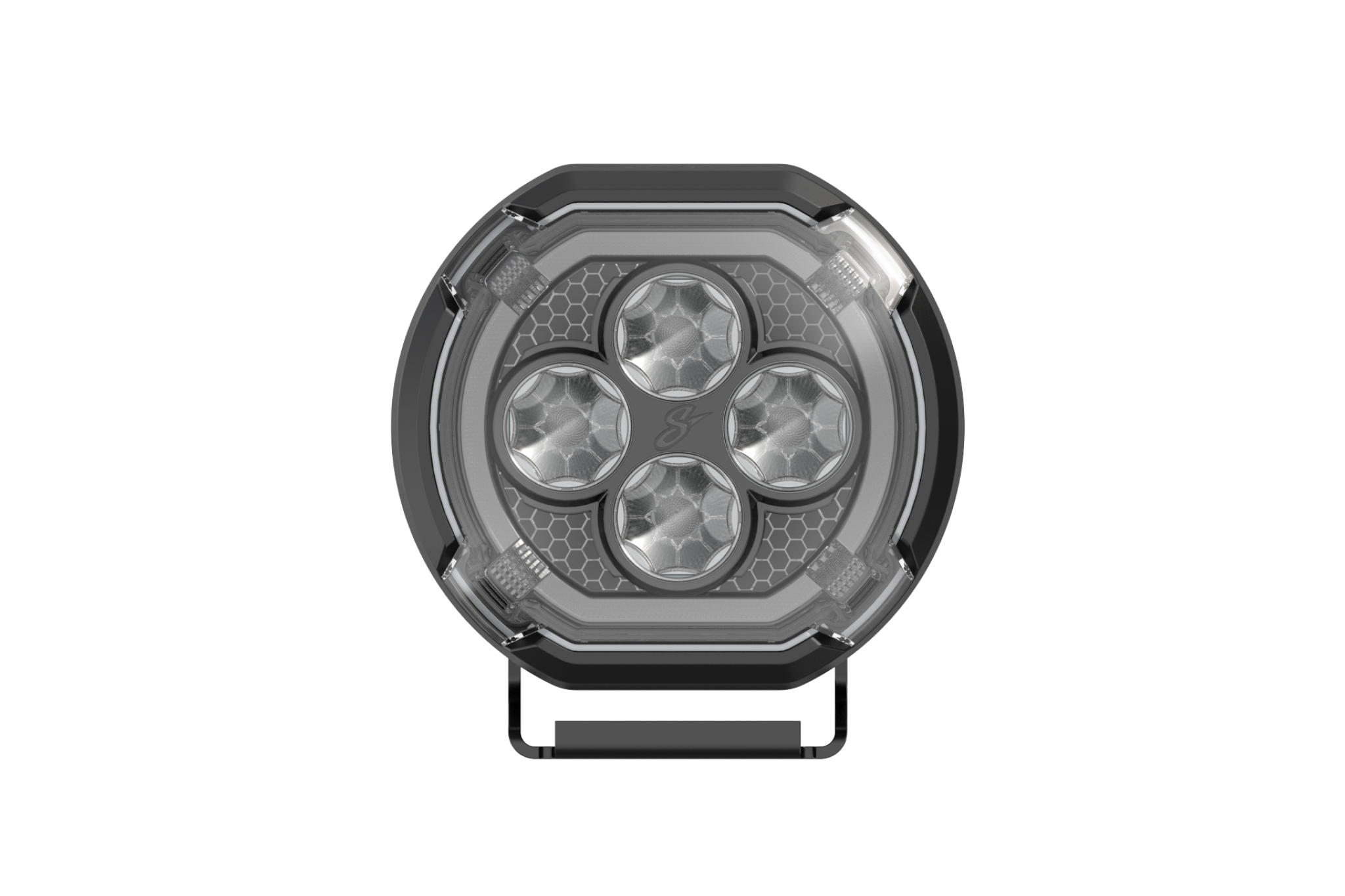 Round black LED off road light with four circular lenses and a mounting bracket