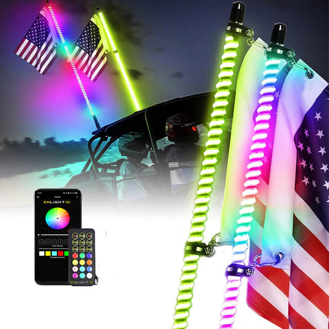 Enlight10 LED light whips with American flags mounted on an off road vehicle with remote and mobile app control