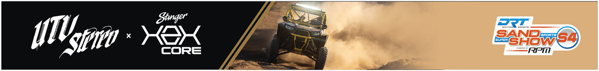 UTV Stereo and Stinger HeX Core branding with a UTV driving in sand and the Sand Sports Super Show logo