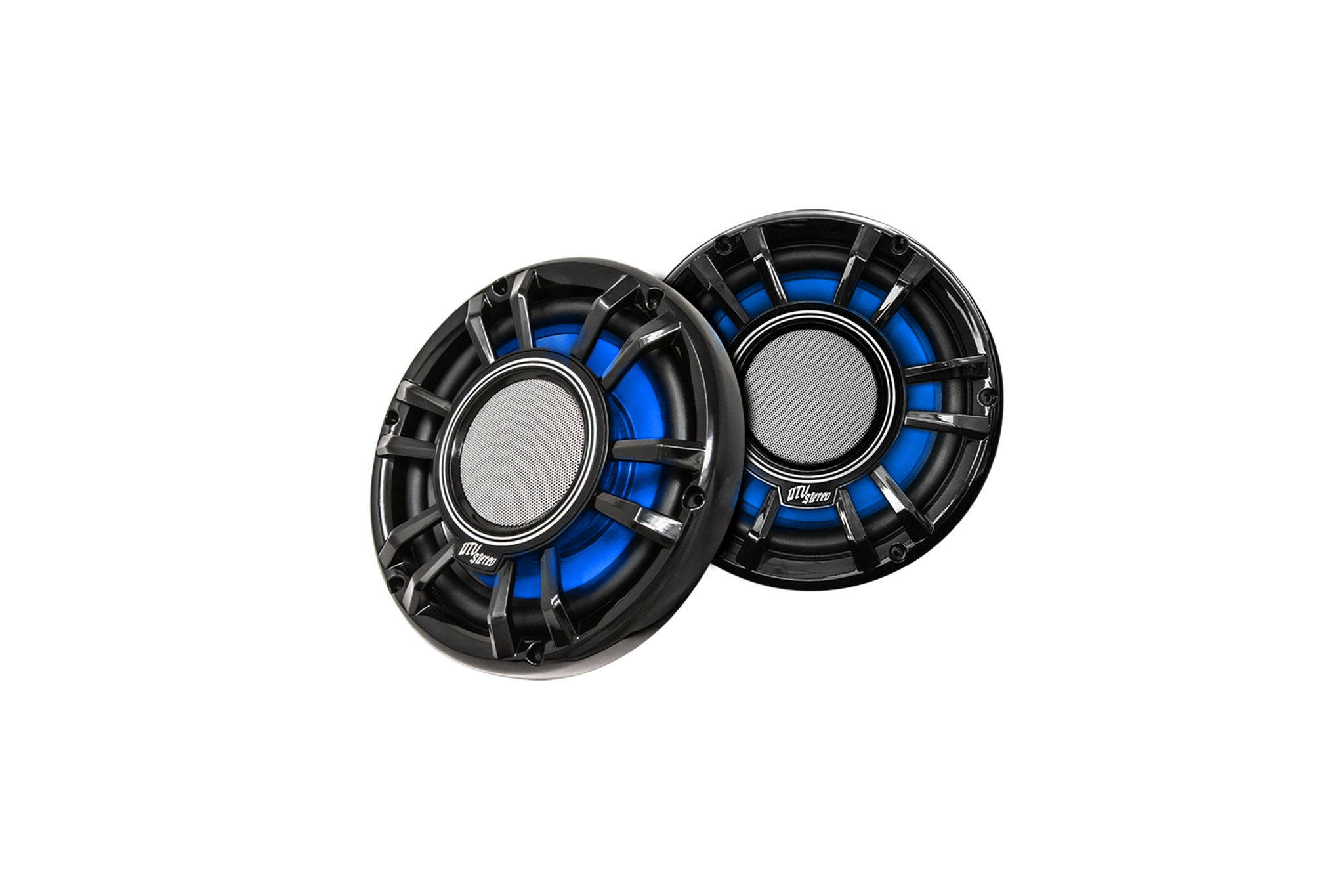 Two UTV Stereo speakers with black grilles and blue accents