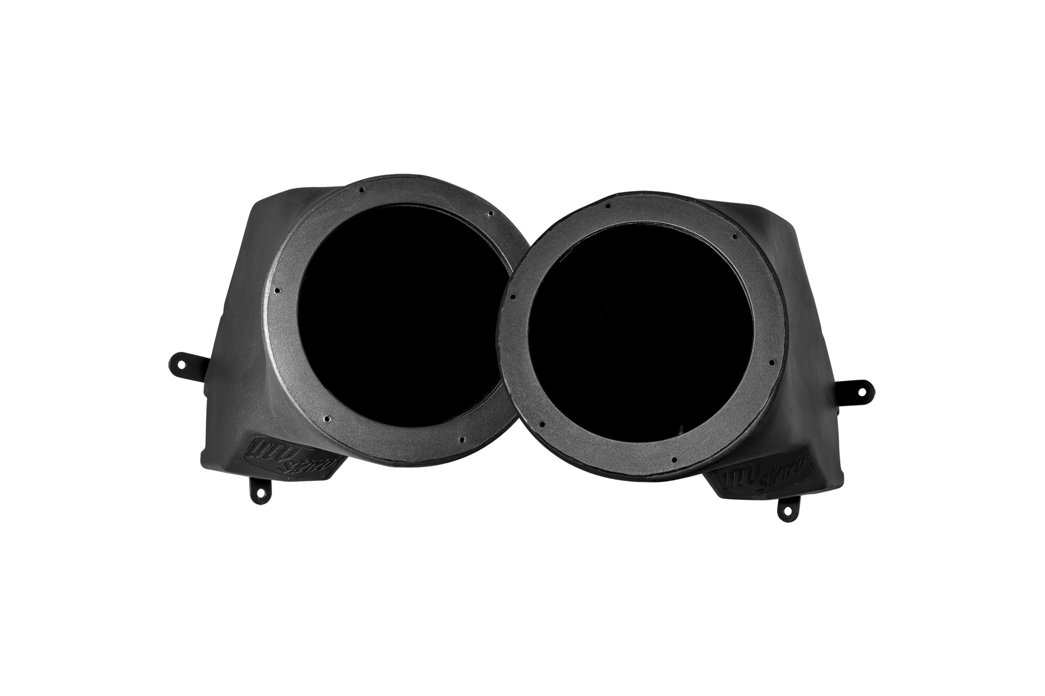 Pair of black UTV Stereo speaker pods with circular mounting holes