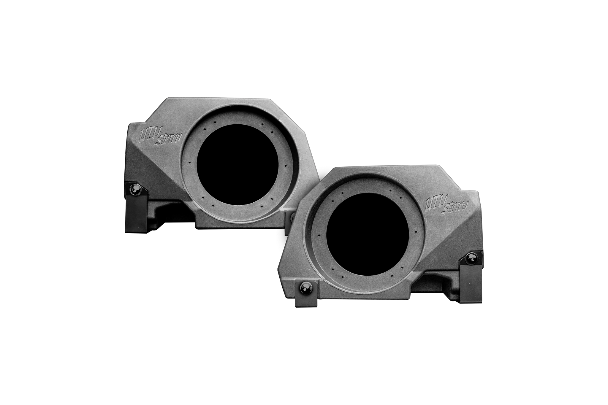 Two black UTV Stereo speaker enclosures with circular cutouts