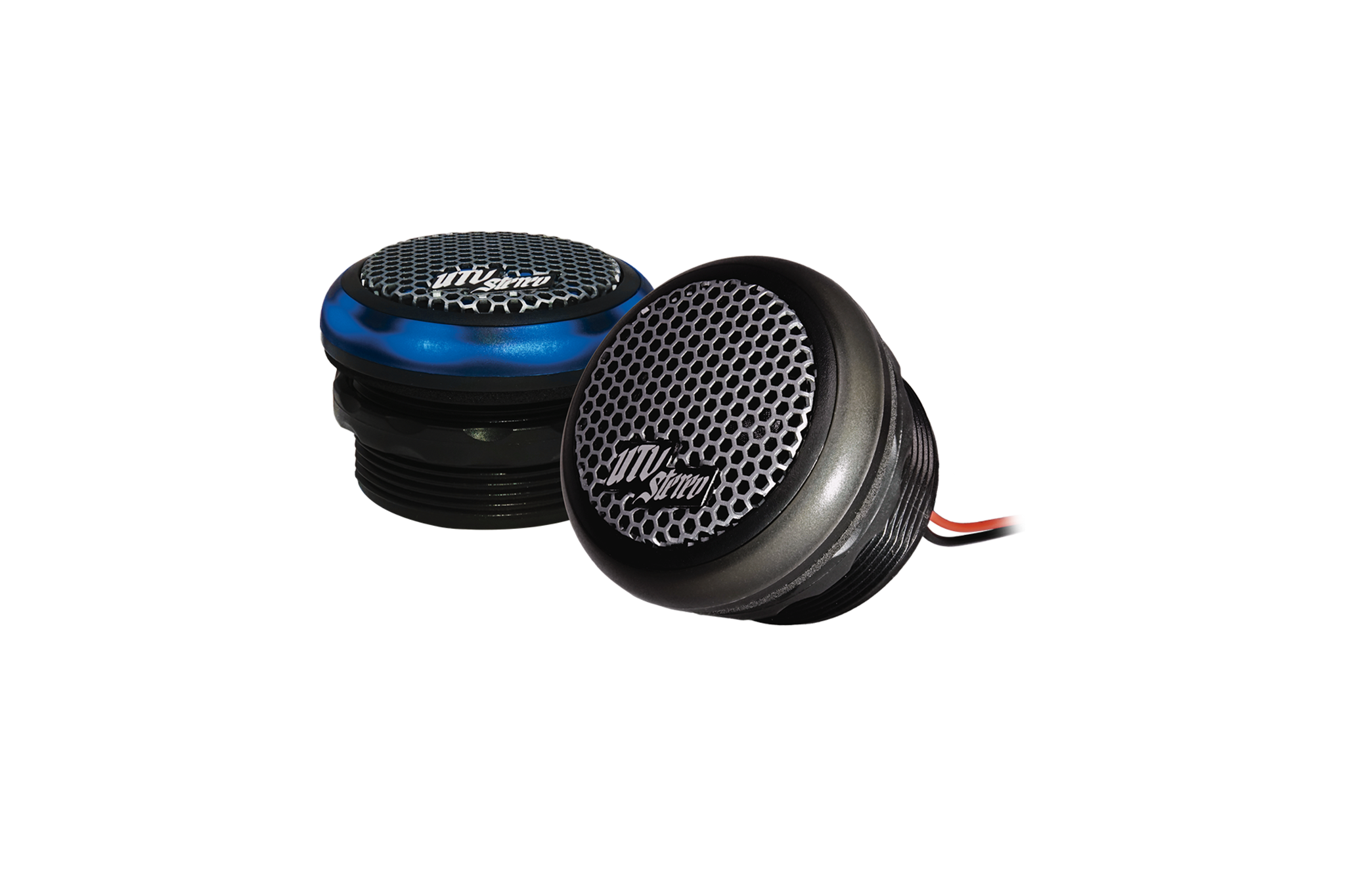 Two UTV Stereo bullet tweeters with black and blue housings and metal mesh grilles