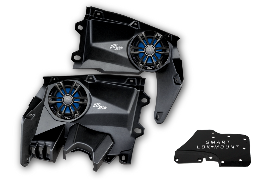UTV Stereo speaker pods with blue accents and Smart Lok mount bracket