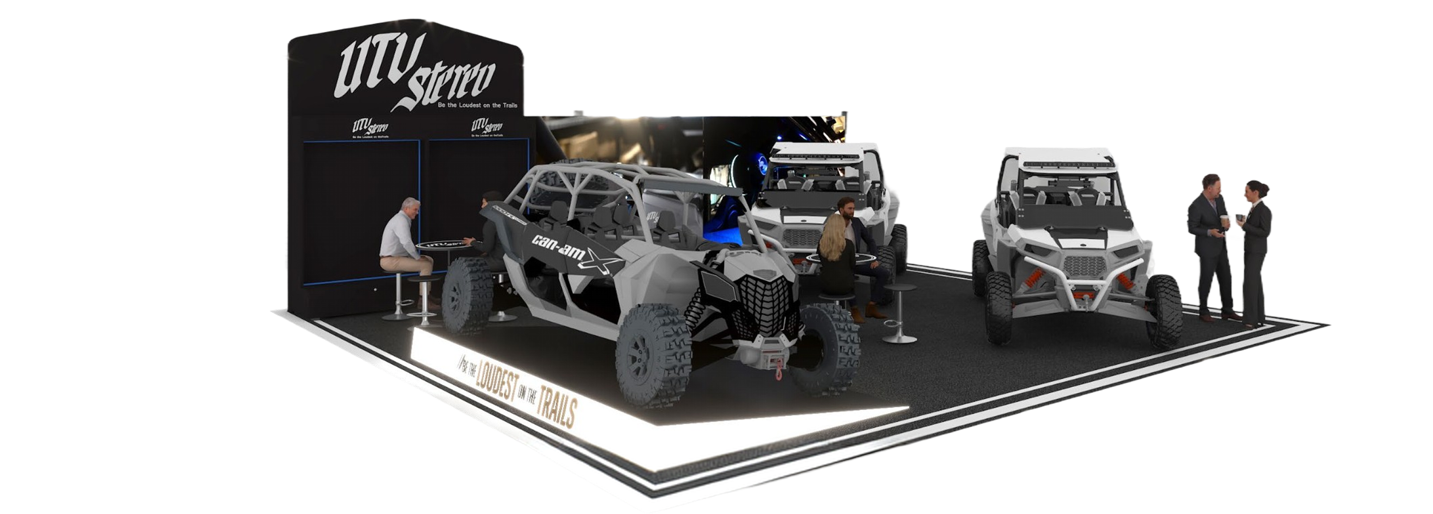 UTV Stereo trade show booth display featuring Can-Am off-road vehicles and seating areas