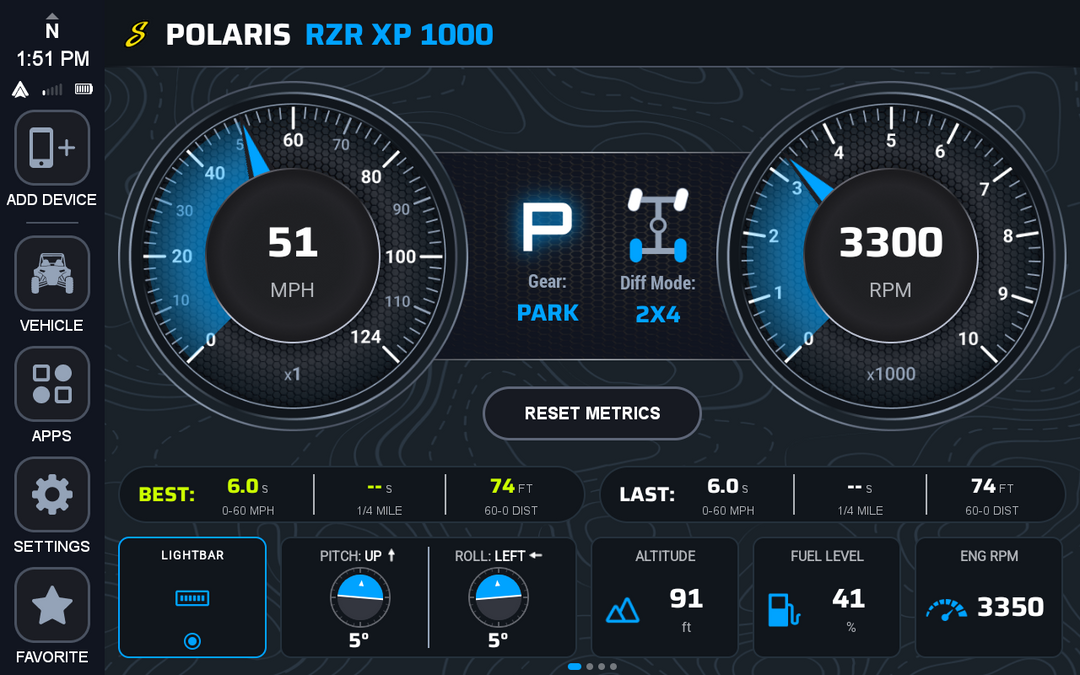 HORIZON XTR vehicle performance gauges screen
