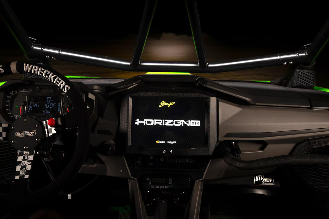 Stinger Horizon XTR infotainment display mounted in a UTV dashboard