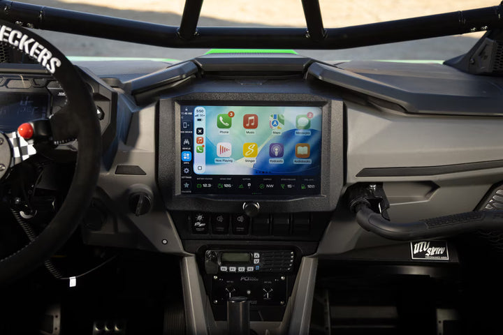 Stinger touchscreen infotainment display mounted in a UTV dashboard
