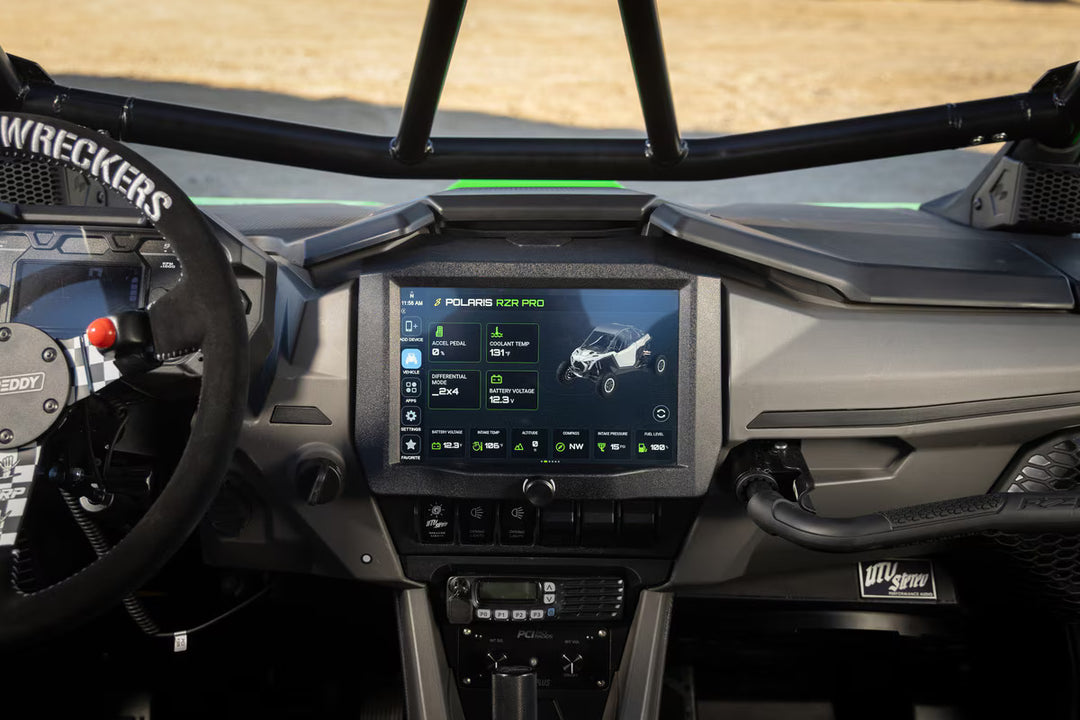 Stinger infotainment display installed in a Polaris RZR Pro dashboard