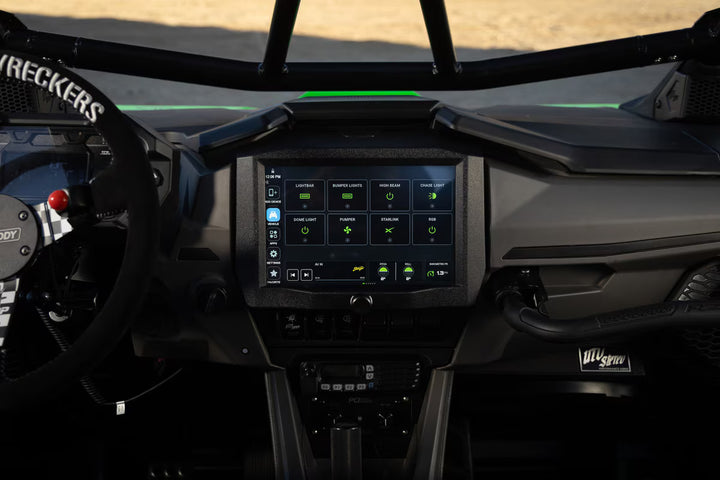 Digital touchscreen control panel mounted in a UTV dashboard