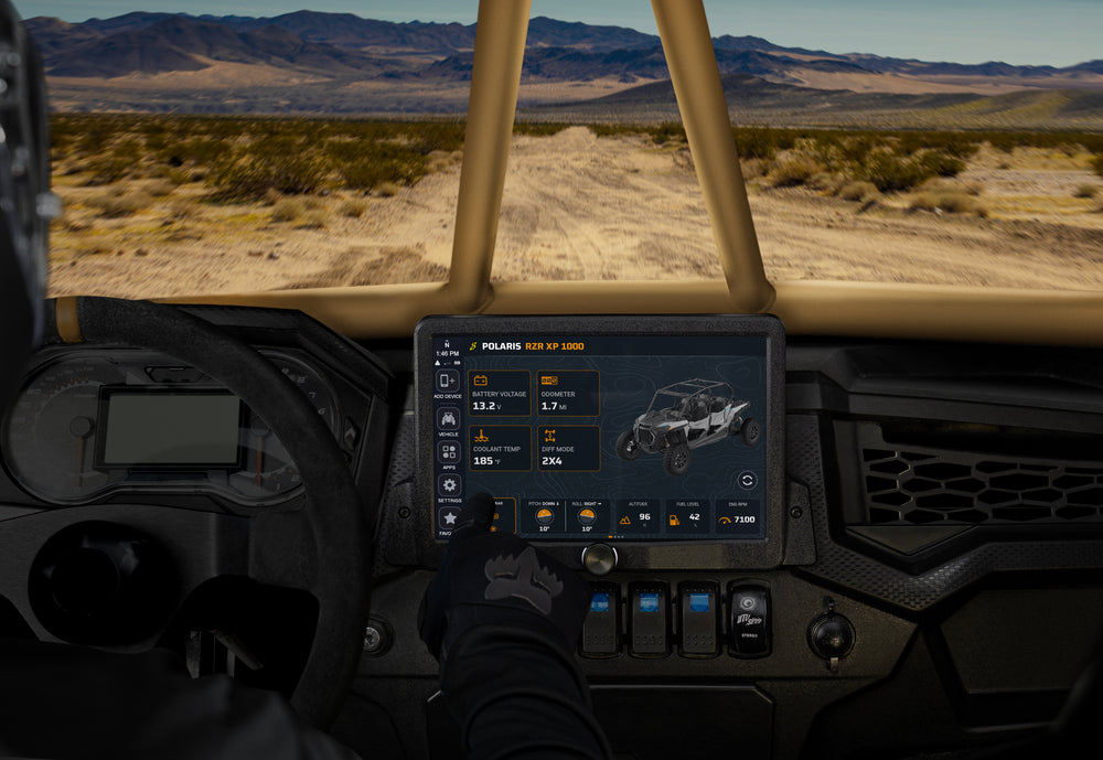 HORIZON XTR multi-function display installed in a Can-Am Maverick X3 with a desert landscape.