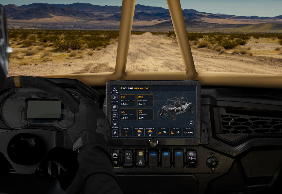 HORIZON XTR multi-function display installed in a Can-Am Maverick X3 with a desert landscape.