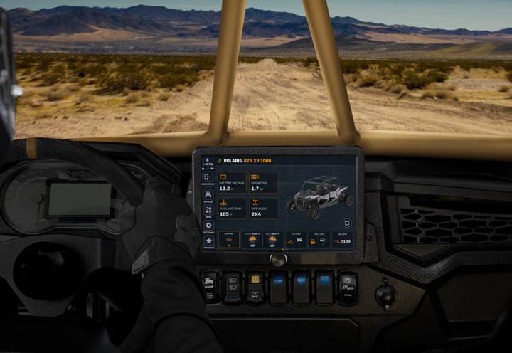 HORIZON XTR multi-function display installed in a Can-Am Maverick X3 with a desert landscape.