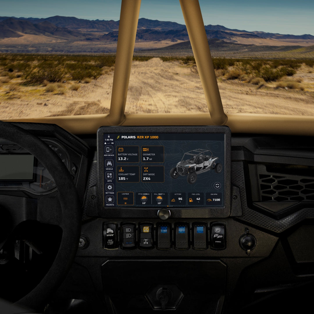 HORIZON XTR multi-function display installed in a Can-Am Maverick X3 with a desert landscape.