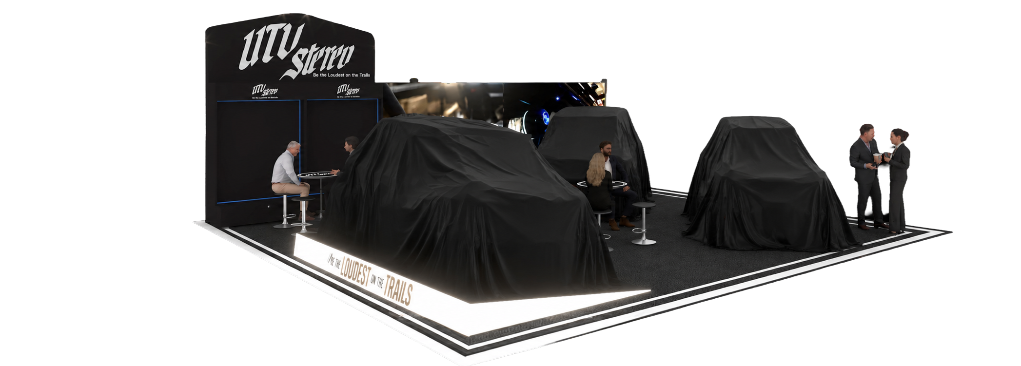 UTV Stereo trade show booth display with covered vehicles and seating areas