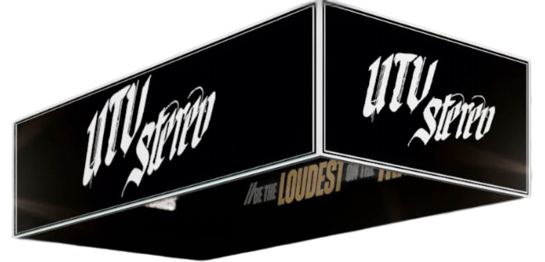 UTV Stereo branded hanging sign with black background and white text