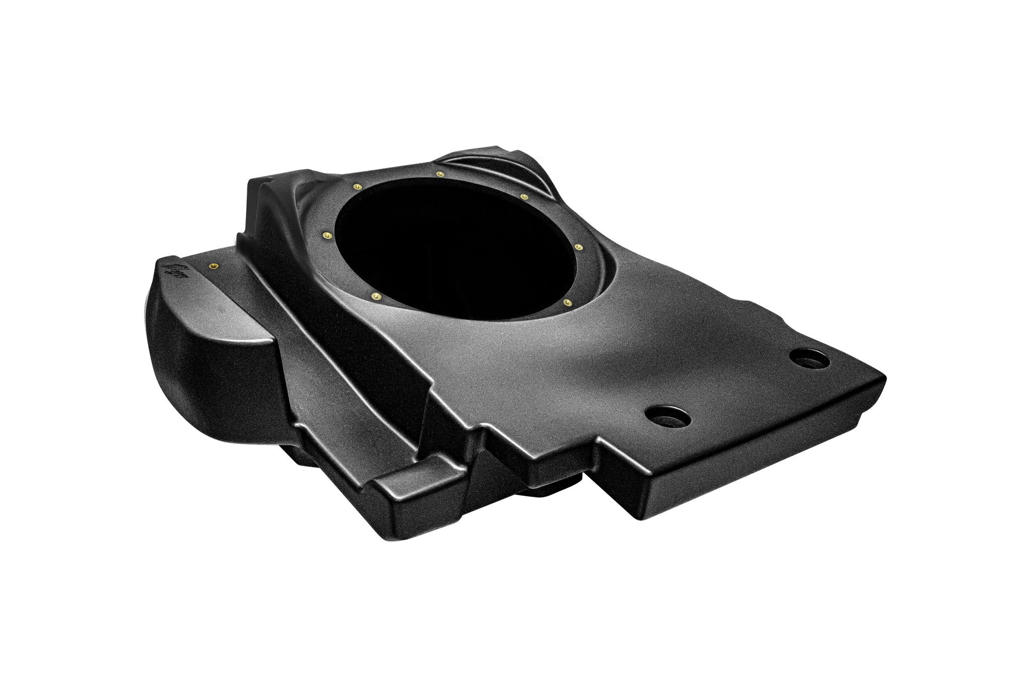 Black molded plastic subwoofer enclosure with a circular speaker cutout