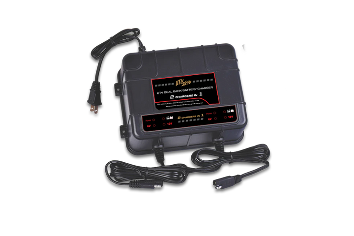 Dual bank battery charger device for powersports applications